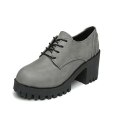 Korean version of the new autumn and winter boots high-heeled shoes with short coarse female students all-match tie round British small leather shoes Thirty-eight gray