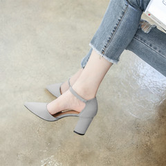 In the autumn of 2017 new word buckle heels female nude with coarse black all-match Korean bandage shoes in summer Thirty-seven gray