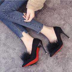 Ostrich hair high heels 2017 autumn Korean new style pointed fine heel high heels single shoes shallow suede women's shoes Thirty-eight black