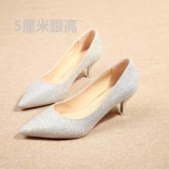 16 thousand song crystal wedding shoes shoes Yi to together the golden bride silver high heels with a fine tip single sequined shoes shoes Thirty-four Silver 5 cm