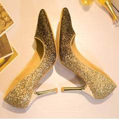 Golden pointed heels, fine heel crystal sequins, silver wedding shoes, bridal shoes, bridesmaid's wedding shoes, 5cm banquet Thirty-three Black gold