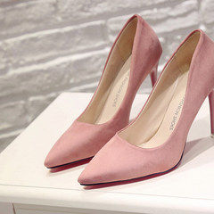 Korean star pointed high-heeled shoes with fine suede shoes 7cm matte black shallow mouth thin shoes all-match tide Thirty-eight Pink 7 cm