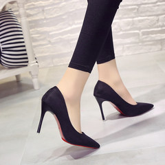 Korean star pointed high-heeled shoes with fine suede shoes 7cm matte black shallow mouth thin shoes all-match tide Thirty-seven Black 10 cm