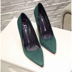 Korean star pointed high-heeled shoes with fine suede shoes 7cm matte black shallow mouth thin shoes all-match tide Thirty-eight It's 7 centimeters green