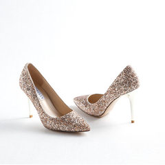 Women's wedding shoes, women's autumn change, silver heels, fine heel, sexy pointed 5cm, single shoe, sequins, bride, bridesmaid shoes Thirty-eight Champagne