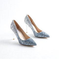 Women's wedding shoes, women's autumn change, silver heels, fine heel, sexy pointed 5cm, single shoe, sequins, bride, bridesmaid shoes Thirty-eight Blue