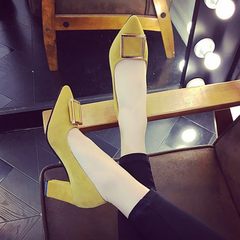 Spring and Autumn New Korean female shoe buckle with coarse pointed high-heeled shoes in black suede shoes with all-match Thirty-four yellow