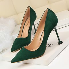 2017, early spring new pointed shallow suede high-heeled shoes, elegant black fine heel, professional OL single shoe Bridesmaid Wedding Shoes Thirty-eight green