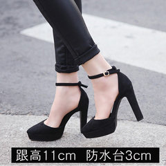 2017 spring and autumn new style high-heeled shoes waterproof table, sexy word buckle thick with heel, single shoe, nightclub, Baotou women's shoes Thirty-eight black