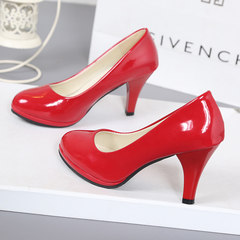 10CM waterproof sexy high-heeled shoes with fine ladies shoes head set foot shoes leather shoes female size. Thirty-eight Red 7cm