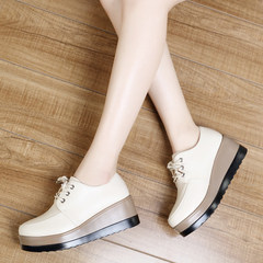 Autumn and winter platform shoes women's shoes plus cashmere casual shoes with leather shoes shoes Po mom British style. Thirty-eight Beige