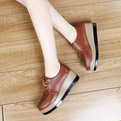 Autumn and winter platform shoes women's shoes plus cashmere casual shoes with leather shoes shoes Po mom British style. Thirty-eight brown