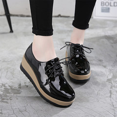 Autumn and winter platform shoes women's shoes plus cashmere casual shoes with leather shoes shoes Po mom British style. Thirty-eight Black leather