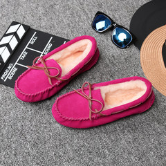 Winter, wool, peas, shoes, women's leather, Korean flat, anti slip, big mother code, plush shoes, social women's shoes Thirty-eight Rose red