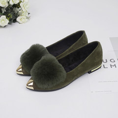 2017 winter Bunny shallow mouth Maomao shoes casual cotton shoes with flat tip Doug mother scoop shoes tide Thirty-eight Army green
