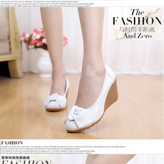 Spring and autumn slope round shallow mouth of high-heeled shoes with leather all-match soft bottom shoes shoes Korean version of the new mother Thirty-nine white
