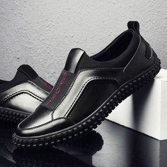 The new men's casual leather shoes early autumn trend of Korean round pedal slip-on all-match British air Thirty-eight black