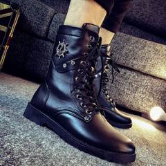 The new 2017 2017 early autumn new men's casual Martin boots high boots Korean military boots barrel trend in spring and Autumn Thirty-eight Blackish green