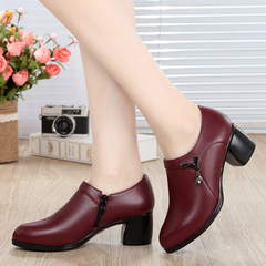 2017 spring and autumn new single shoes with thick with round all-match fashion leather shoes size middle-aged mother Thirty-eight Claret