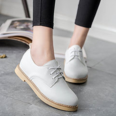 2017 autumn style new round flat bottom leisure single shoes, female white shoes lace low with British college wind leather shoes girl Thirty-eight white