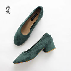 韩国秋冬 浅口粗跟绒面单鞋 超人气奶奶鞋 低跟大码女 晚晚伴娘鞋 38 绿色