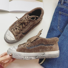 Lost in winter with low round flat all-match Korean lace up shoes shoes shoes female Maomao shoes tide Xuan Xia 35 spot Khaki for old cowhide wool