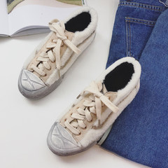Lost in winter with low round flat all-match Korean lace up shoes shoes shoes female Maomao shoes tide Xuan Xia 35 spot Rice white for old cowhide wool