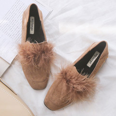 Winter suede loafer female students with low all-match HAN2 ban3 rivets Maomao shoes shoes shoes with thick documentary Doug Thirty-eight Apricot - Single