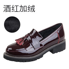 Inside and outside of life, leather summer and winter shoes, women's shoes, women's shoes, women's deep, round head, low heel, flat bottom, single shoe girl Thirty-eight Wine red plus velvet