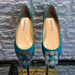 [small] a Rhinestone Buckle Binbin black satin shoes with flat shoes with low Sequin shoes Asakuchi Thirty-eight green
