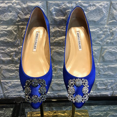 [small] a Rhinestone Buckle Binbin black satin shoes with flat shoes with low Sequin shoes Asakuchi Thirty-eight Royal Blue