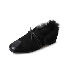 2017 new female flats in autumn and winter round Europe sets foot shoes with low tide hair Maomao shoes Thirty-eight black