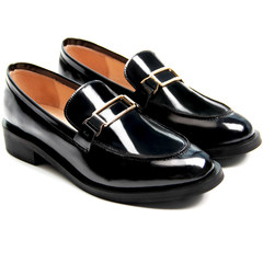 OMIFUN British style shoes with thick autumn shoes square buckle loafer with retro leather shoes low Thirty-eight black