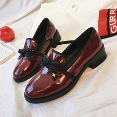 Shoes fall 2017 new bow roundheaded all-match student shoes with low crude with British style shoes tide Thirty-eight Claret