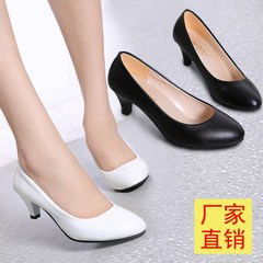 Professional work shoes, black elegant women's leather shoes, high heels shoes, coarse heel round head 5cm Thirty-eight White (half yards)