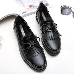 2017 autumn and winter Maomao shoes, female low heel British leather shoes tassel black single shoes plus flat bottom lazy shoes Thirty-eight black