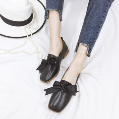 Low heeled shoes retro square autumn flat bow shoes all-match Doug thick with small leather shoes British style shoes Thirty-eight black