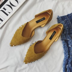 2017 spring summer new Korean all-match retro V pointed shoes suede shoes with low female rivets with coarse Thirty-eight yellow