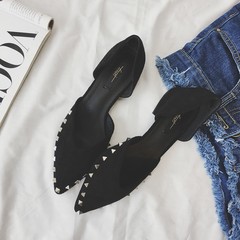 2017 spring summer new Korean all-match retro V pointed shoes suede shoes with low female rivets with coarse Thirty-eight black