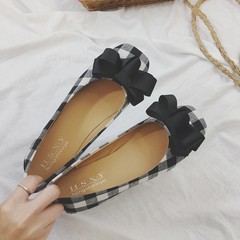 Korean spring summer 2017 fashion designer shoes bow Doug shallow mouth square with low flat lattice shoes Thirty-eight black