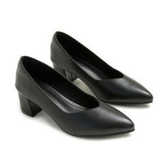 Flat shoes with spring summer 2017 thick shallow mouth pointed shoes with leather shoes with low set foot retro grandma Thirty-eight Black V mouth 5.5cm
