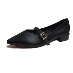 Flat shoes with spring summer 2017 thick shallow mouth pointed shoes with leather shoes with low set foot retro grandma Thirty-eight Black Buckle