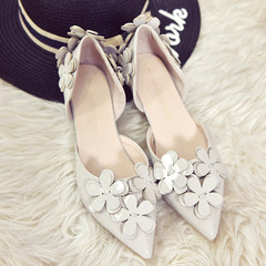 Korean all-match sweet high heels summer 2017 new female flowers pointed shoes with thin hollow 3cm low heeled shoes Thirty-eight Light pale grey