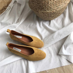 2017 new autumn Korean retro small square with V thick shallow mouth shoes suede low with grandma casual shoes Thirty-eight yellow