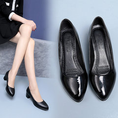 Professional women's shoes, black leather shoes to work, students interview single shoes, pointed heel, with tooling work shoes female Thirty-eight Black leather