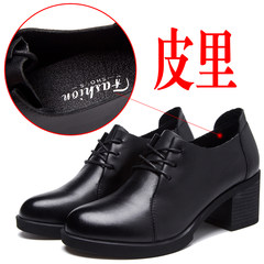 2017 winter and summer wind, leather and cashmere black leather shoes, heel lace round women's shoes, heel shoes Thirty-eight black