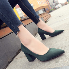 2017 new all-match pointed high-heeled shoes suede single shallow mouth with thick with sexy black high heels shoes Thirty-eight Blackish green