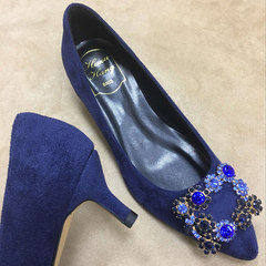 Autumn velvet pointed low heel 3cm shallow single shoes, 5cm with women's shoes with fine drill buckle, bridesmaid, wedding shoes, tide shoes Forty-two Dark blue microfiber 5cm