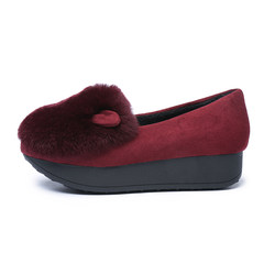 2017 Korean winter female thick bottom Maomao shoes with Doug muffin bottom shoes with all-match Rex cashmere wool single shoes Thirty-eight Wine red rabbit ears