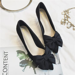 Black high-heeled shoes, female summer 2017 new style cat heel shoes, fine point heel 5cm bow knot single shoe, heel heel in spring Thirty-eight black